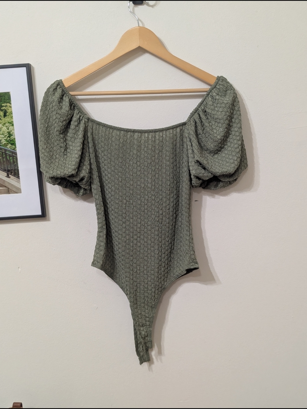 Francesca's Olive Puff Sleeve Textured Bodysuit